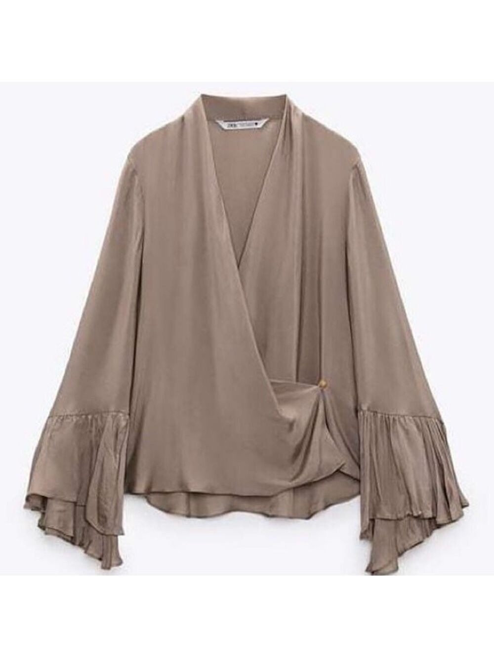 Zara Wrap Surplice Ruffle Sleeve Satin Look Taupe Grey Blouse